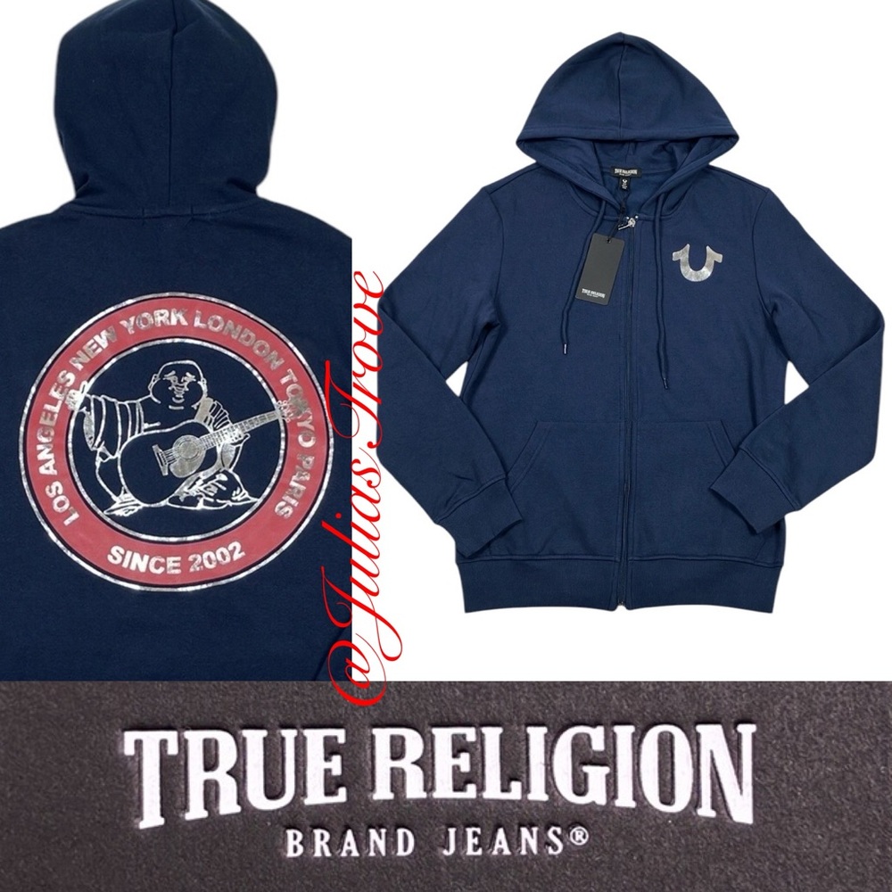 True Religion Zip Hoodie City Buddha Blue Sweatshirt NWT